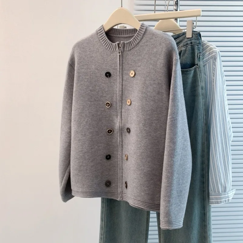 

Korean Style Niche Design Sense Temperament Loose Knit Cardigan Button Decoration Solid Color Crew Neck Sweater Coat Women Top