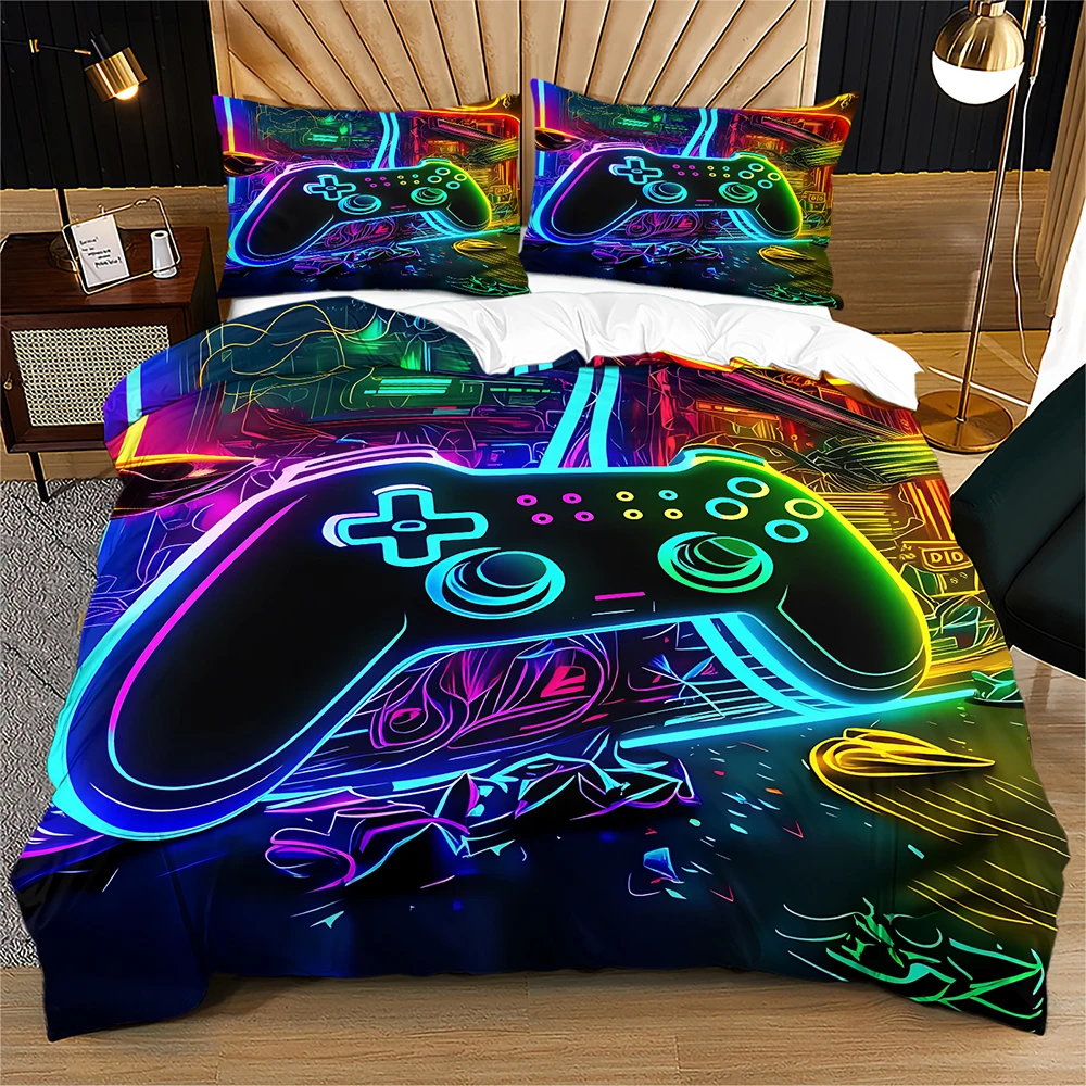 Neon Game Controller Duvet Cover Set Cool Gamer Bedding Set Colorful Video Game Quilt Cover Set Single Twin Full Queen King Size