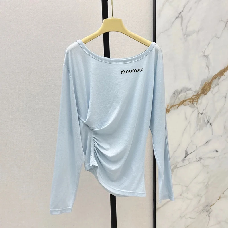 

Высококачественная длинная футболка Sve с надписью на одно плечо, плиссированная талия для похудения, модный дизайн для девочек, корейский Sle, поездка на работу, ветер