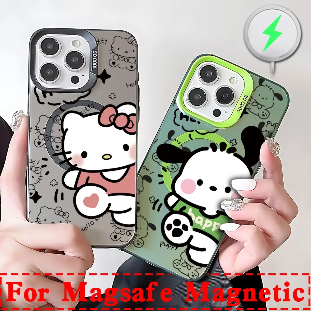 

Магнитный чехол для телефона с мультяшным изображением Hello Kitty Magsafe для IPhone 11 12 13 14 15 16 Pro Max Plus, креативный посеребренный чехол