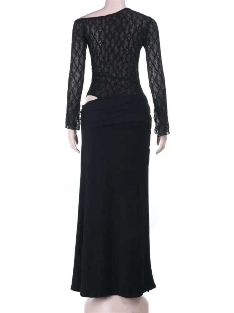 秋のY2Kレディースドレス、セクシーなクラブ向けブラックレースボディコンドレス、長袖オフショルダーマキシドレス、パーティー、クラブ、イブニングドレス