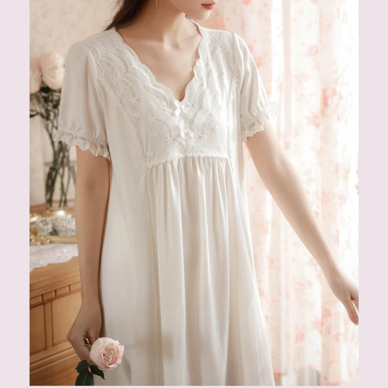 Women White Cotton Night Dress Victorian Nightgowns Vintage Sexy Lace Fairy Short Sleeve Peignoir Nightdress Princess Sleepwear