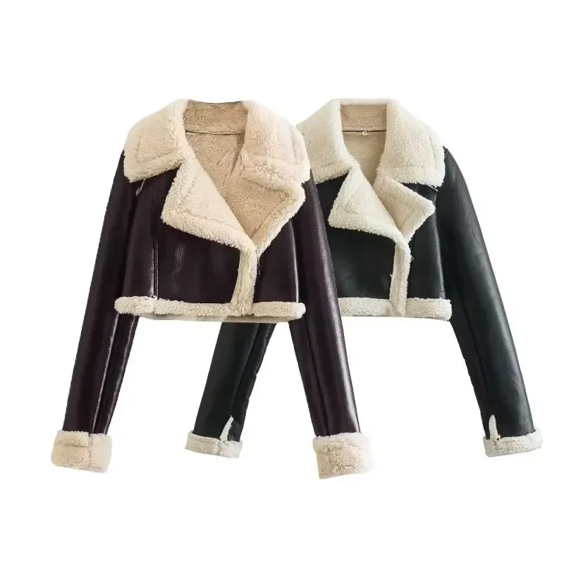 Fashion Double Sided Short Jacket Women Warm Thick Lapel Lambswool Coat Autumn Winter Vintage Female Fleece Chic Tops