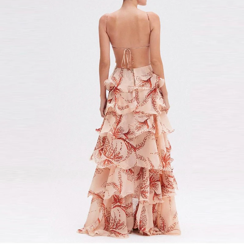 Sexy decote em v sem mangas sem costas rendas até vestido de noite verão moda em camadas vestido casual borboleta impresso suspender vestido longo