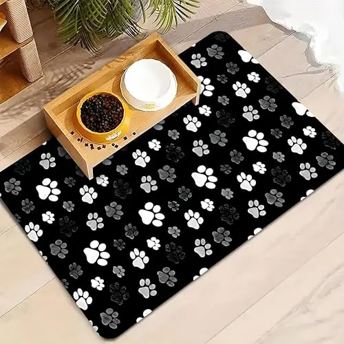 Bathroom Floor Mat Scattered Paws Footprints Printed Textured Panel Stripe Brown Teal Contrast Base for Apartment House Floor