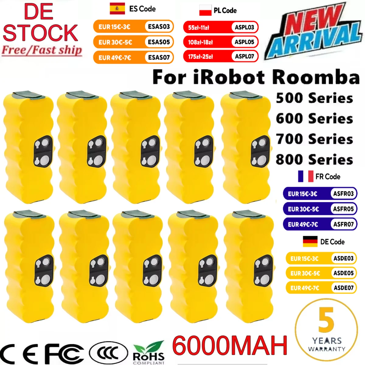 Batterie de remplacement NI-MH 14.4V 6000MAH pour aspirateur iRobot Roomba série 500 510 530 550 560 570 580 600 700 800 900