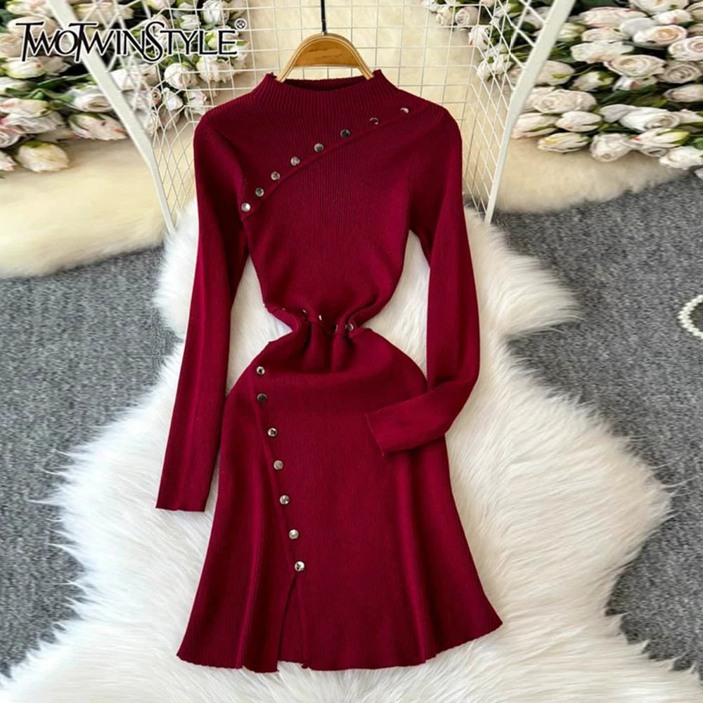 TWOTWINSTYLE Solid Patchwork Button Elegant Dresses For Women Round Neck Long Sleeve High Waist Slimming Dress Female KDR517460