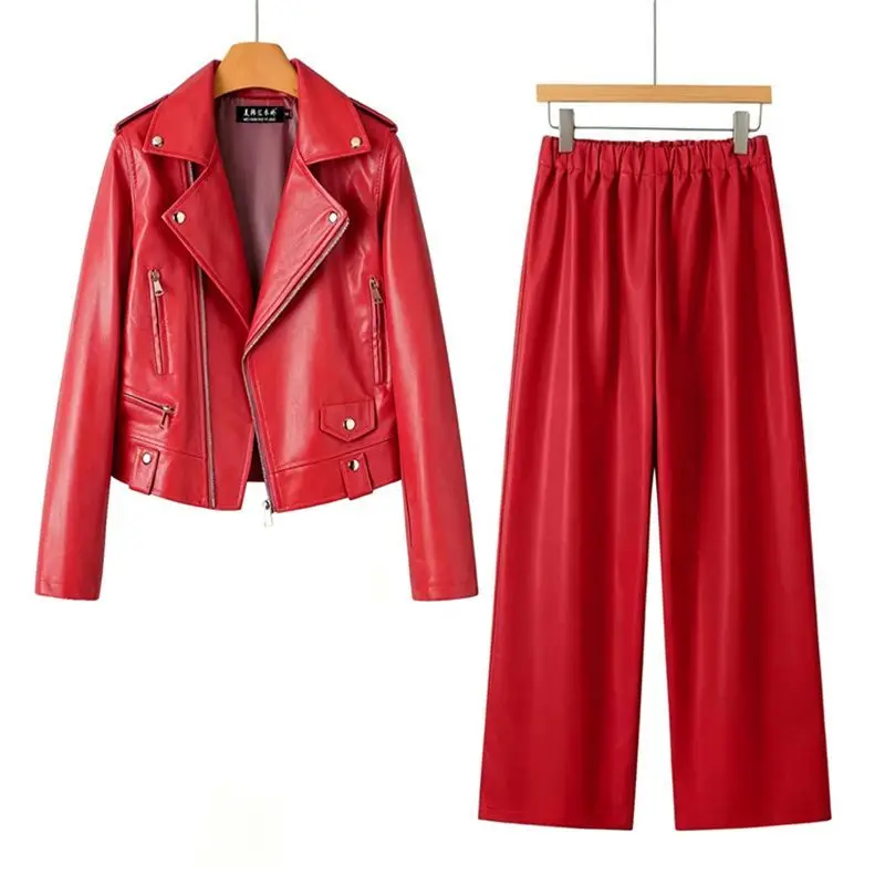 Women 2 Piece Outfit Faux Leather Motorcycle Jacket Elastic Waist Wide Leg Pants Set Purple Biker Coat Trousers Matching Set