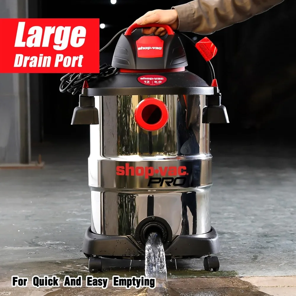 12 Gallon 6.0 Peak HP Wet/Dry Vacuum, Stainless Steel Tank, 3 in 1 Function Portable Shop Vacuum with Attachments, Drain Port