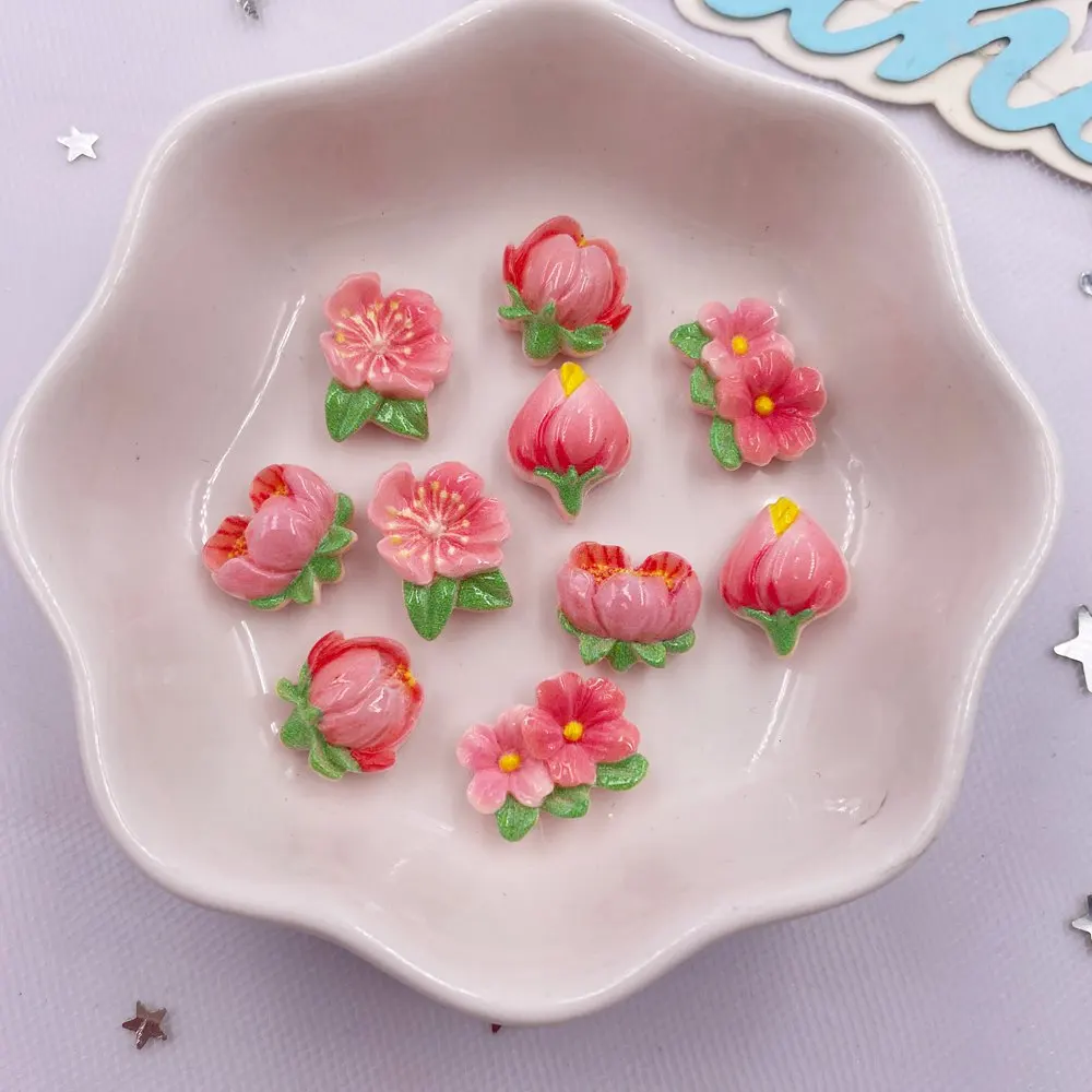 20Pcs Resin Kawaii Mini Peach Blossom Figurines Flat back Flower Scrapbook Wedding Applique Crafts DIY Nail Art Decor