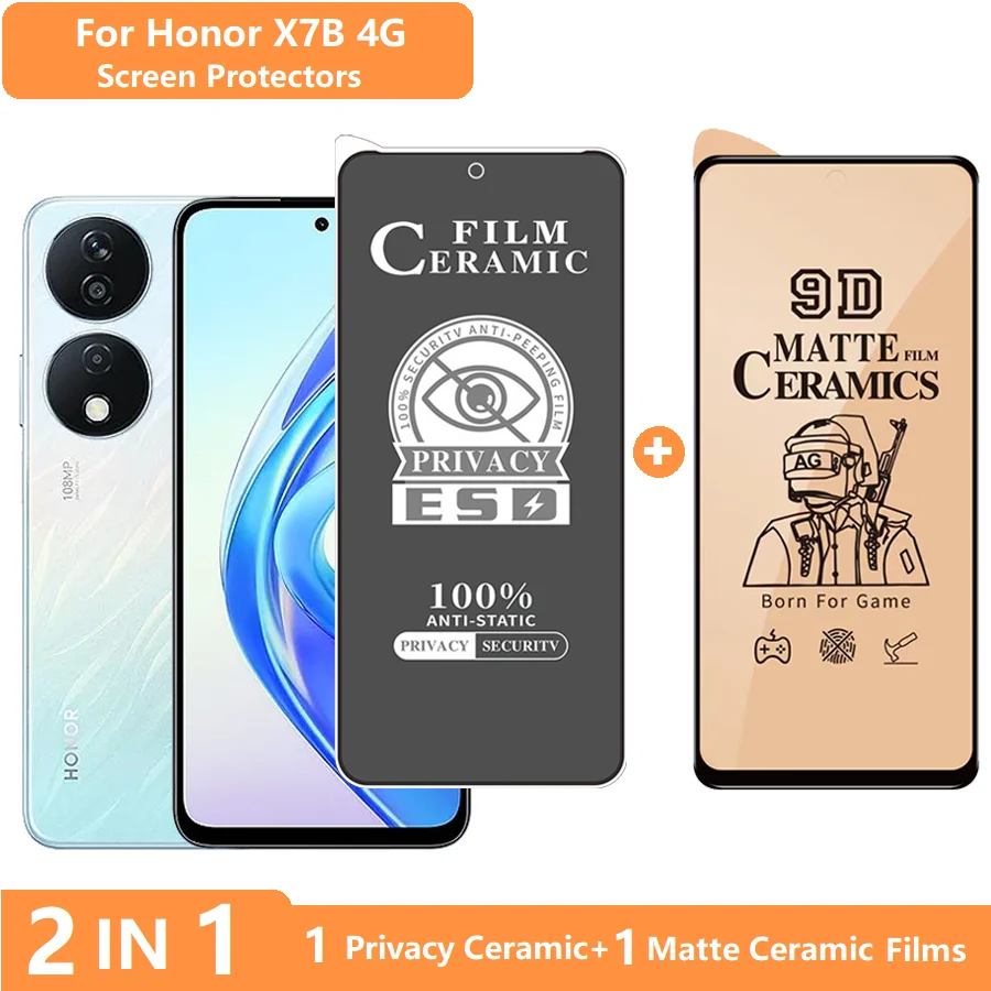 واقي شاشة 2 في 1 لهاتف Honor X7d Honor X7/X7A/X7B/X7D طبقة خصوصية من الزجاج المقسى + طبقة سيراميك ناعمة غير لامعة مضادة للخدش
