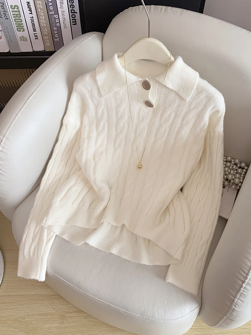 

Soft Ne Knitted Sweater Women's Autumn Winter Slimming High-End Feeling Twist Two-Button Faionable Long Sve Top