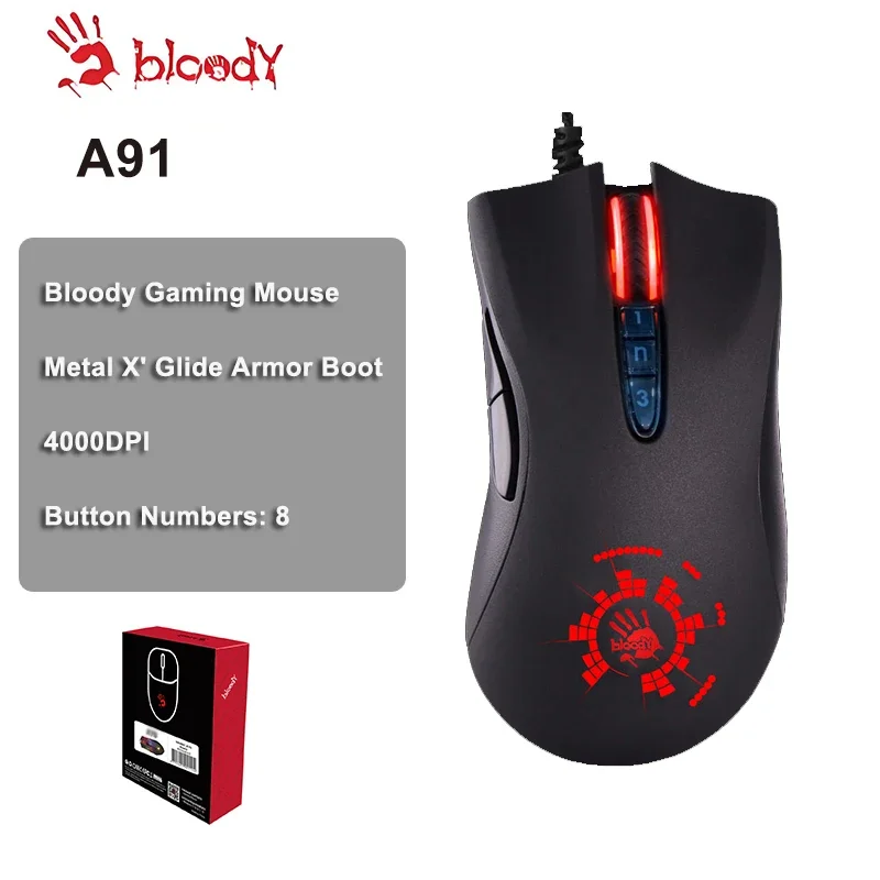 A4TECH Bloody A91 Gaming Mouse,4000 DPI,Drag Click,1000HZ,6666FPS,8 Buttons,Metal X' Glide Armor Boot,Over 20 Million Clicks