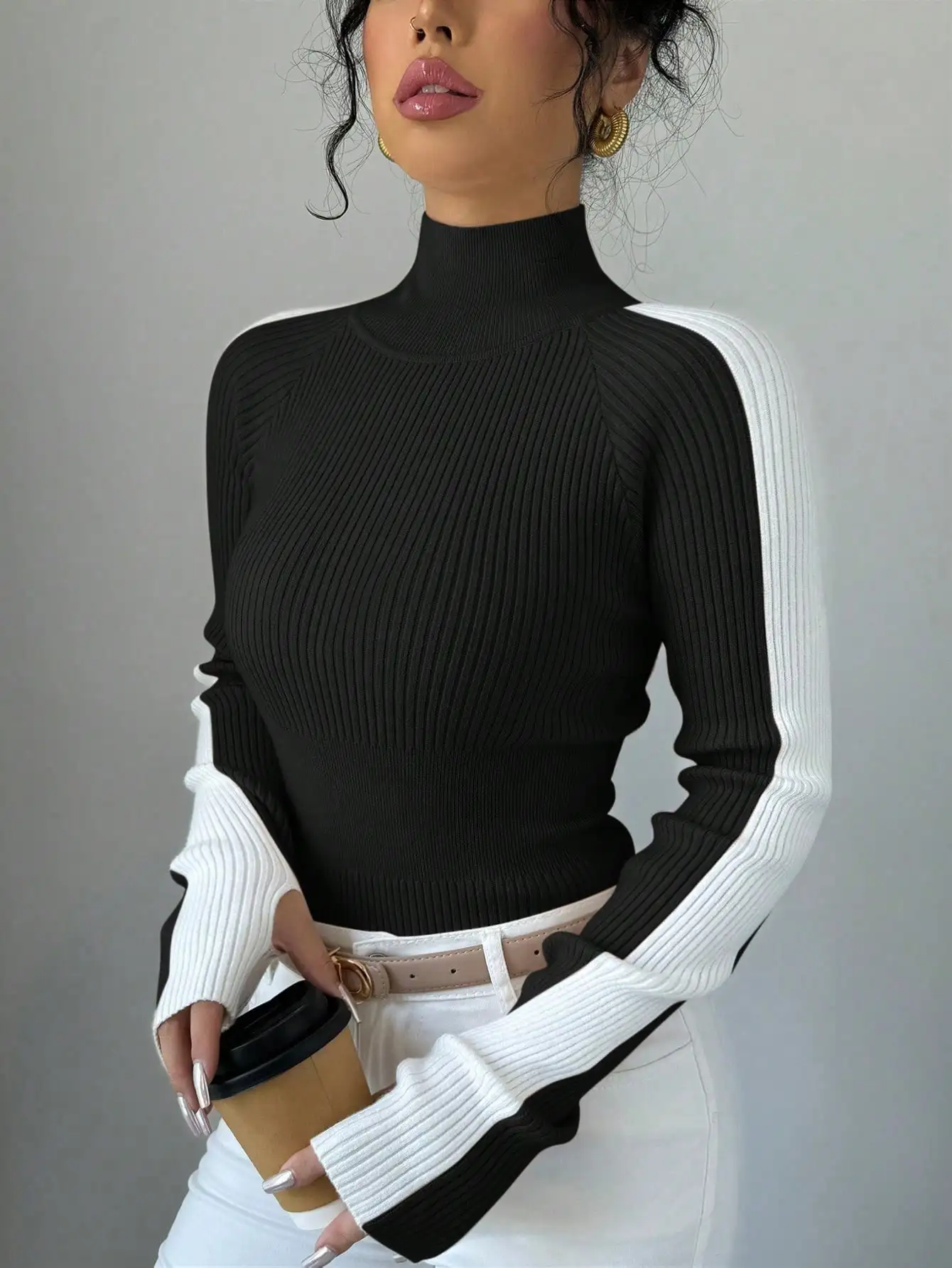 

Black & White Color Block Ribbed Turtleneck Slim Fit Sweater for Autumn Winter Casual Wear