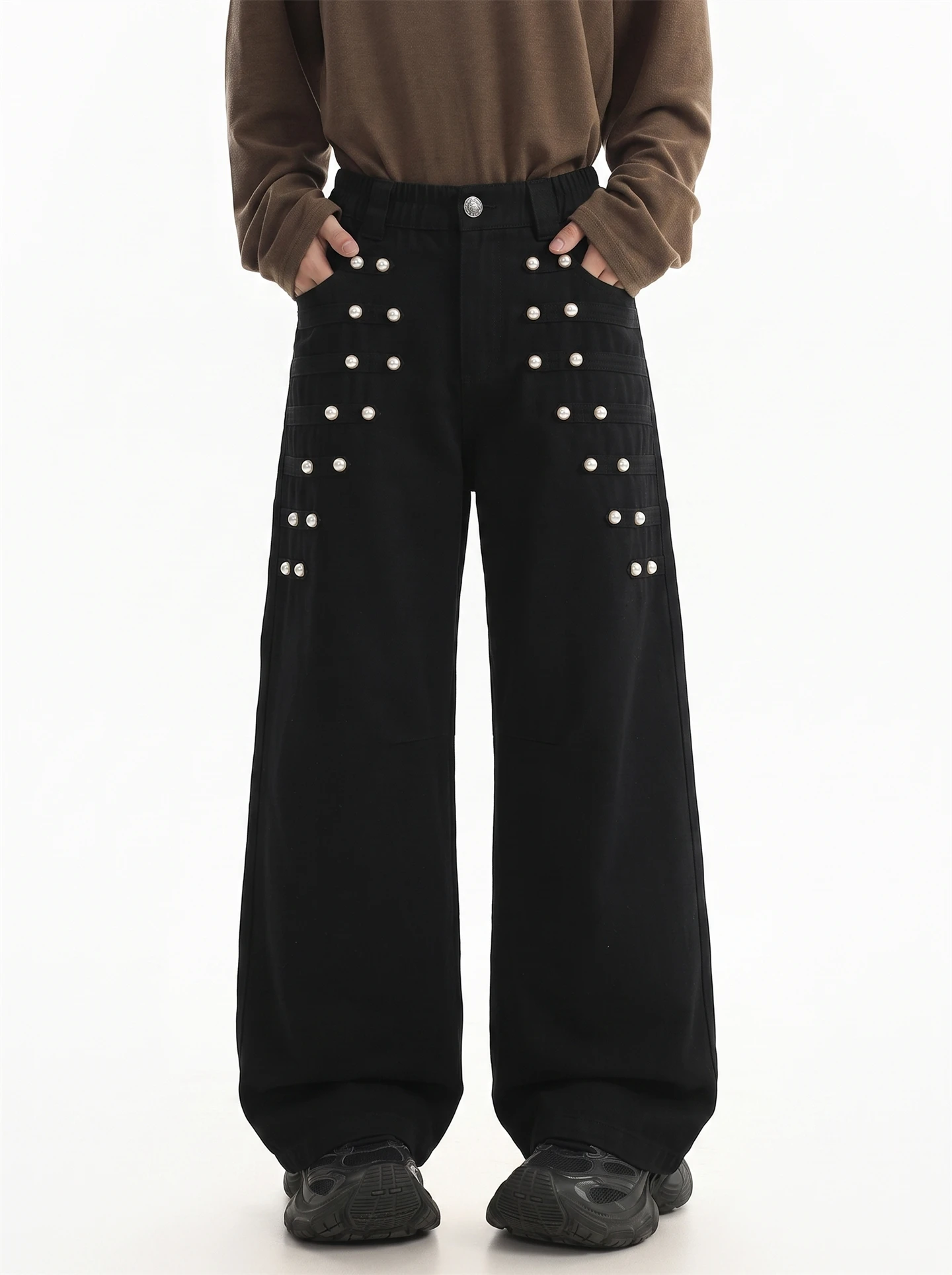 BETEBULE American Style Trendy Rivet Decorated Folded Jeans Men's Loose Cool Straight Leg Pants Autumn New Arrival