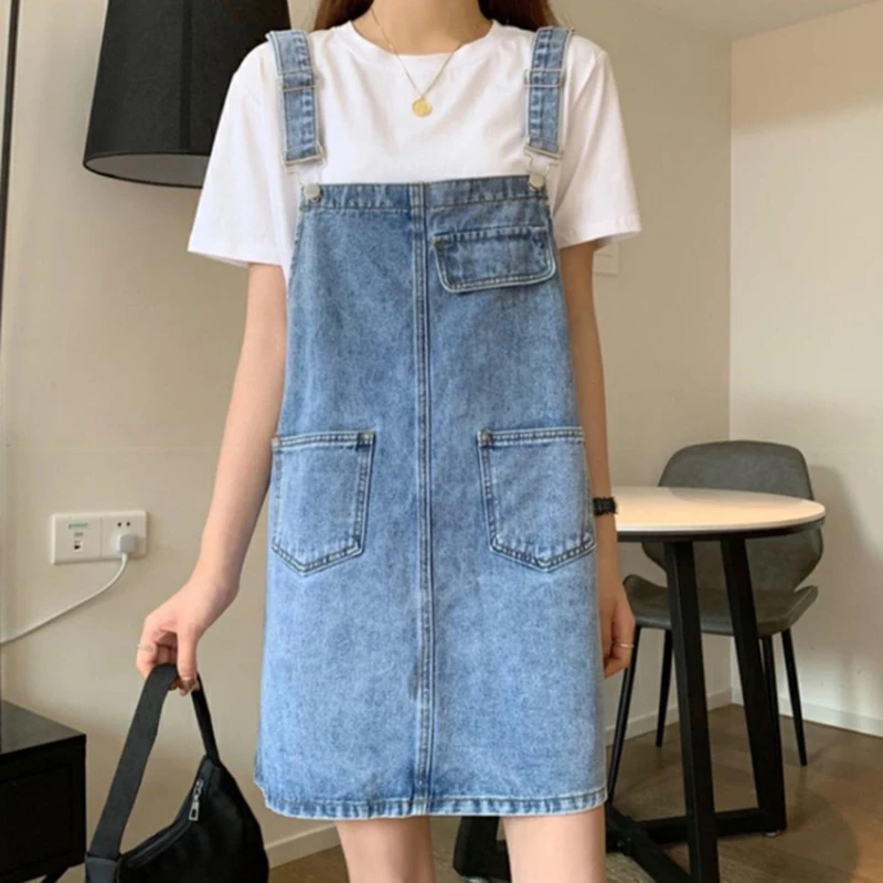 Rimocy Summer Denim Overall Dress for Women 2024 Pockets Sleeveless Jeans Dresses Woman Korean Loose Spaghetti Strap Dress Mujer