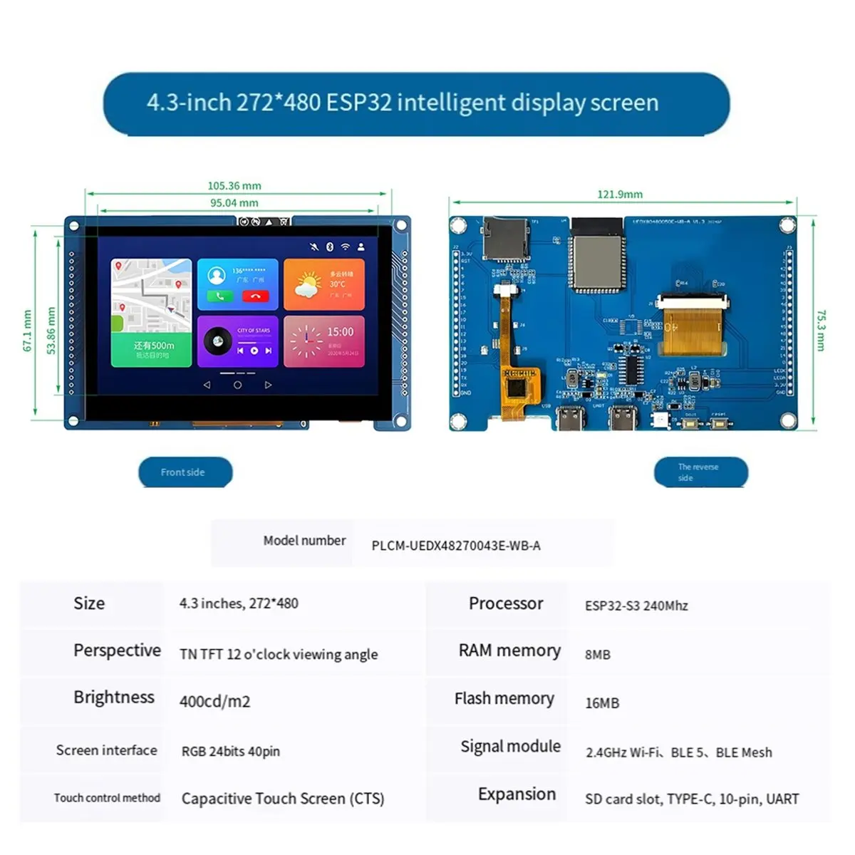 A26Z - LVGL HMI Smart Display Touch Screen 8M PSRAM 16M Flash 4.3 Inch 480x272 RGB LCD TFT Module WIFI Bluetooth