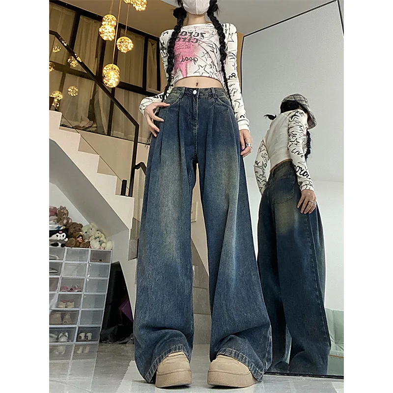 

Y2k Casual Retro American Jeans For Women Autumn-Winter Fat Mm Design Sense Loose Slim High Waisted Straight Leg Wide Mop Pants