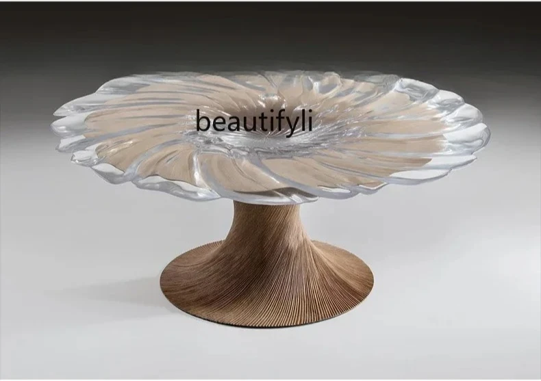 Crystal round Flowers Dining Table Light Luxury Transparent Resin Art Fiberglass round Table Tea Table