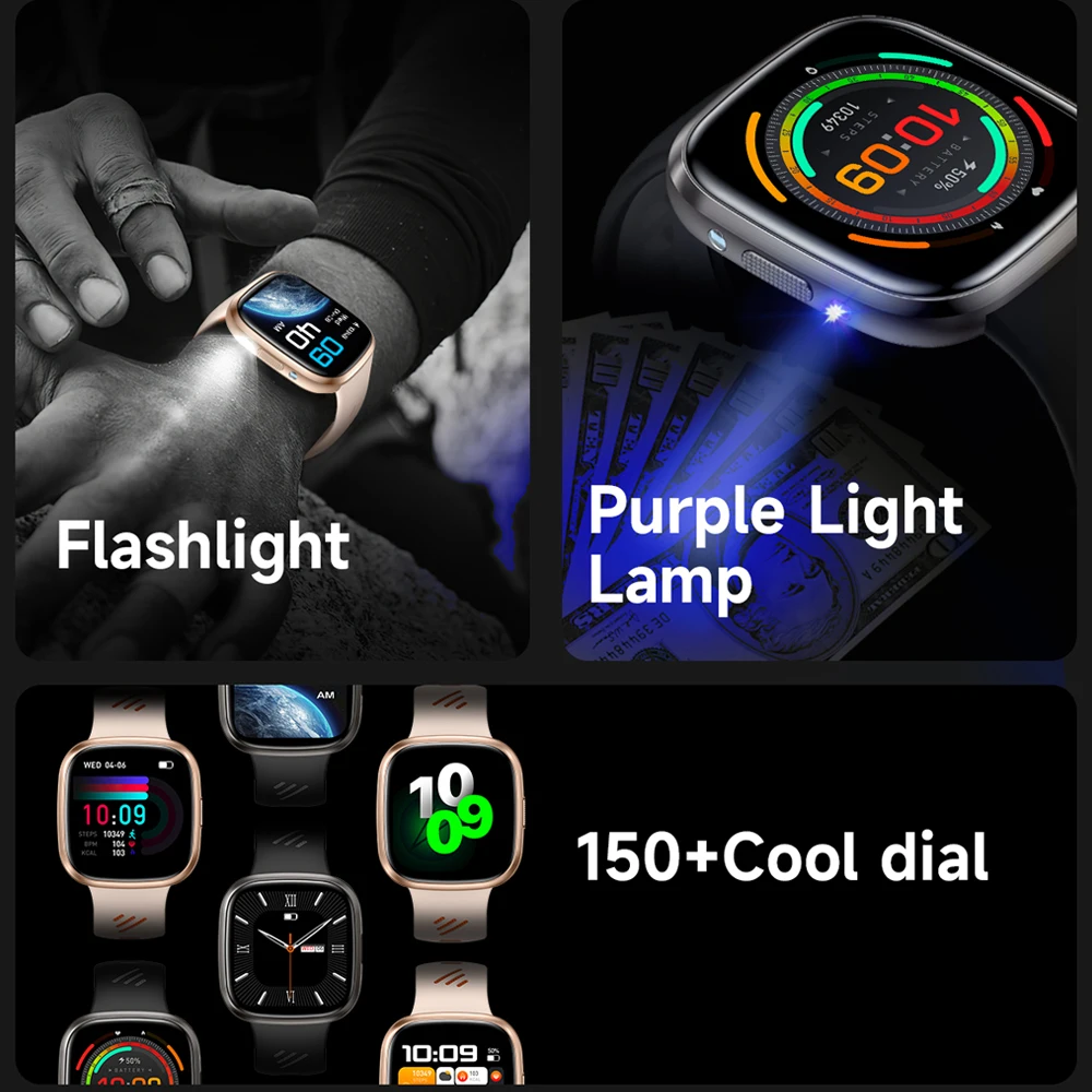 Montre intelligente avec lampe de poche LED pour homme et femme, bracelet de sport, lumière violette, appel Bluetooth, Huawei, Xiaomi, nouvelle mode, 2025