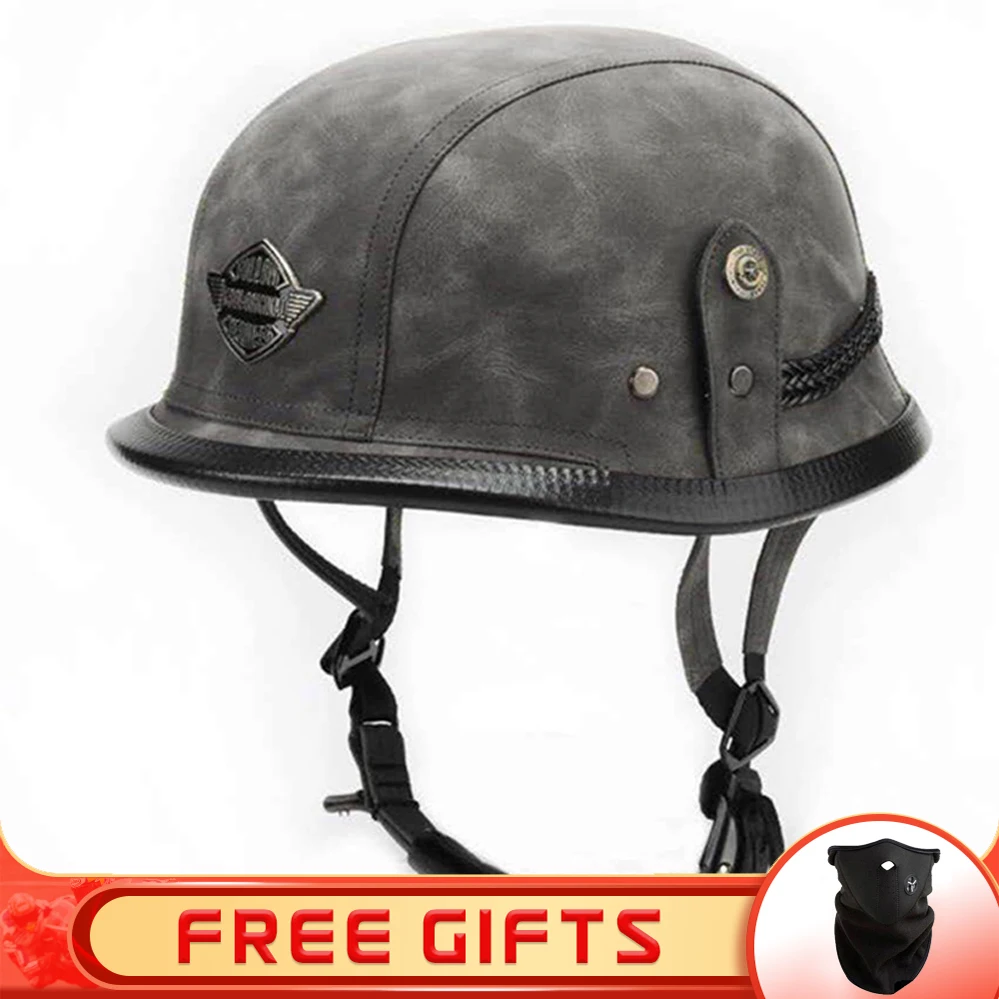 German New Vintage PU Leather Motorcycle Half Open Face Helmet Unisex Chopper Retro Cap Motorbike Half Casco Moto Capacete DOT