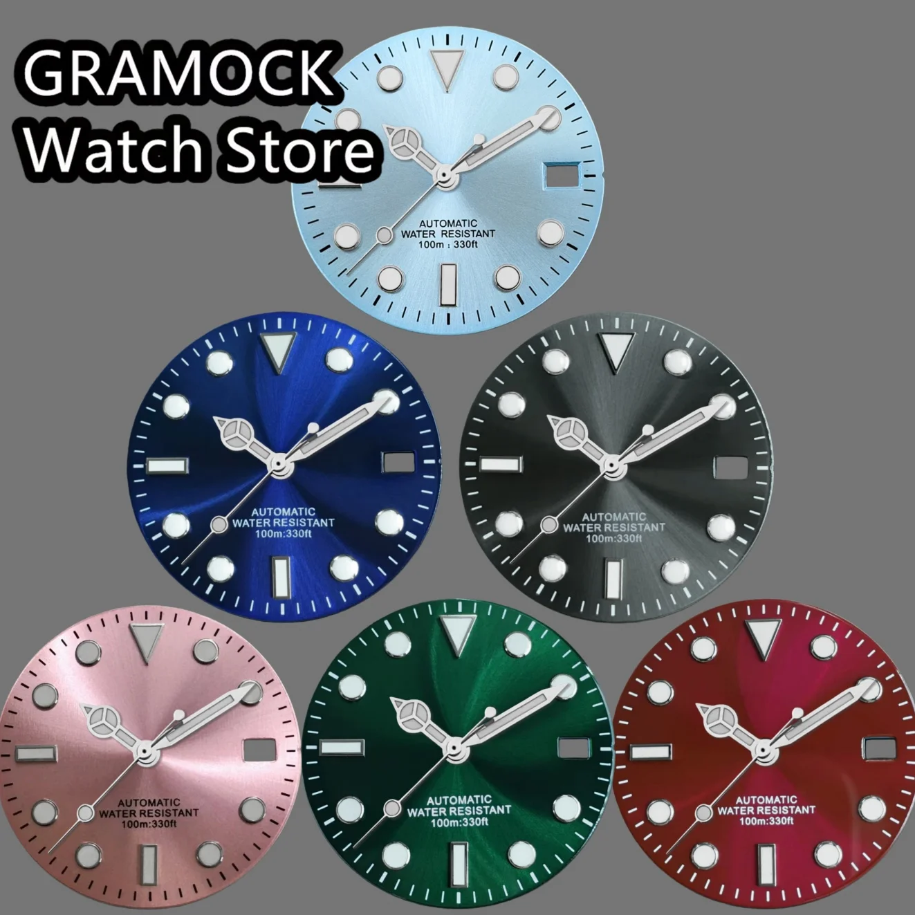 GRAMOCK Sunberst Dial Grey Red Ice Blue Green Pink Watch Face For NH35 NH36 ETA2824 PT5000 Miyota8215 DG2813 Movement Luminous