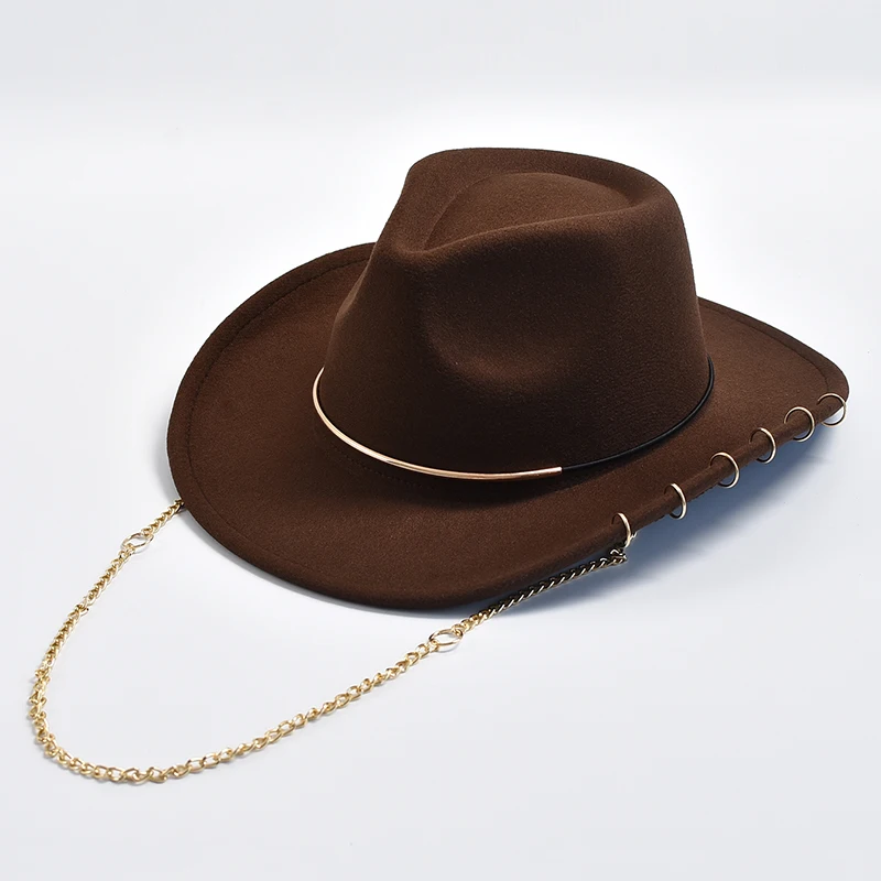 Retro Fedora Hats for Women Men Metal Chain Decor Felt Jazz Hats Curved Brim Western Cowboy Hat Sombrero Hombre