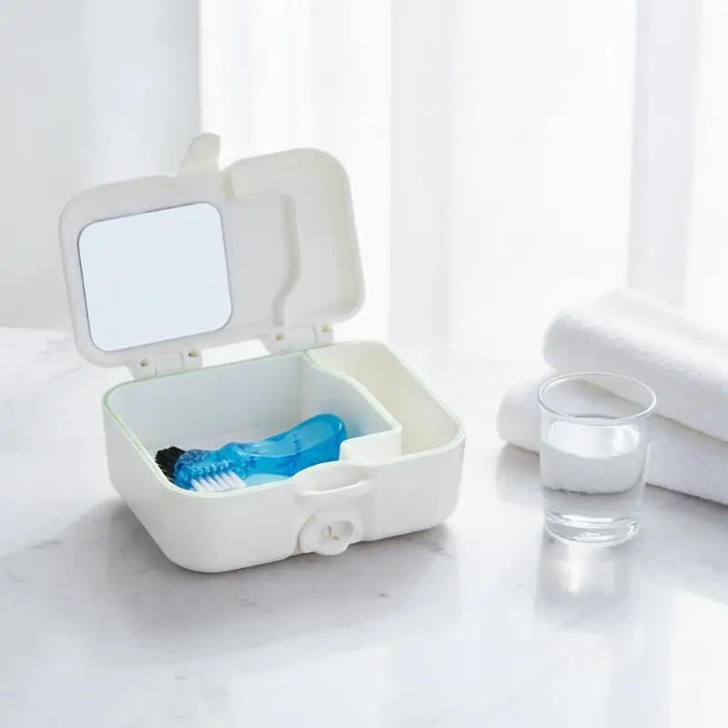

Denture Storage Box Kit 1 Set Sturdy Portable with Mirror Cleaning Brush Perfect for Travel Home Gift