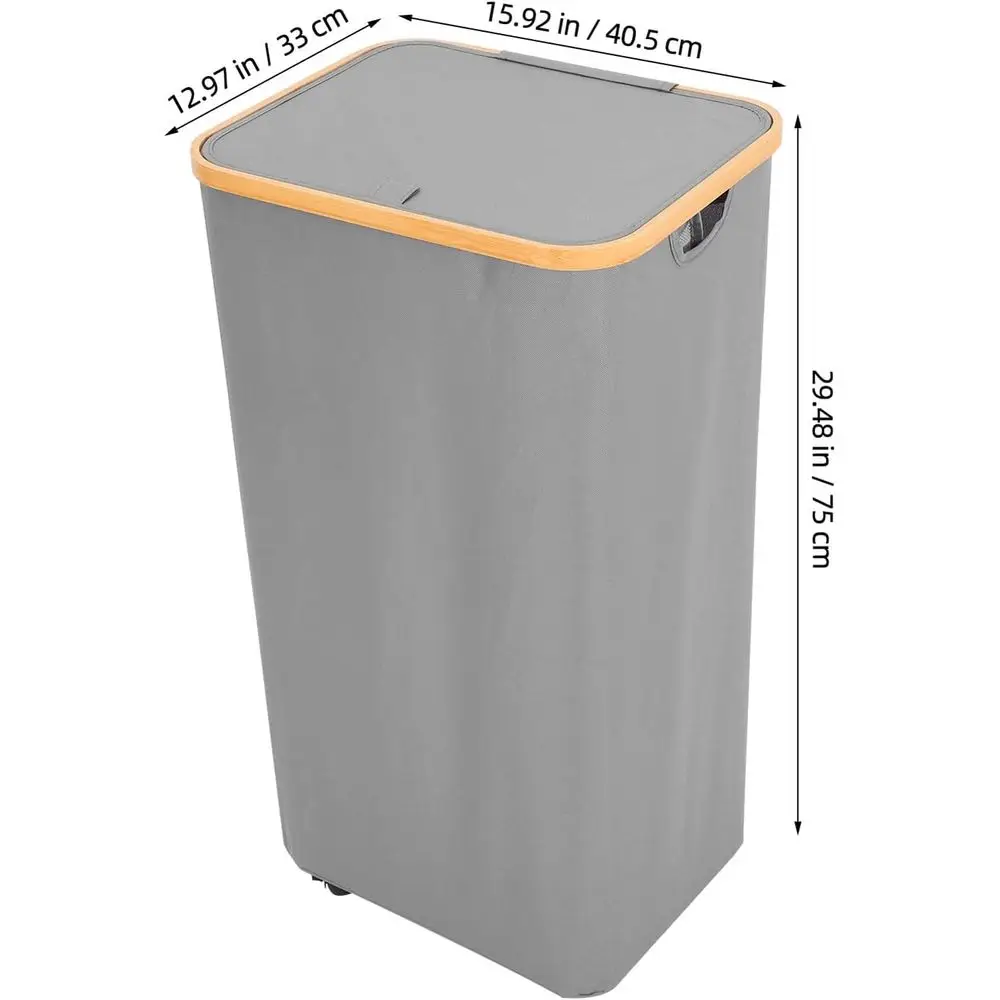 Collapsible Laundry Hamper with Lid and Rolling Wheels, oldable Gray abric Dirty Clothes Basket with Inner Bag or Bedroom Dorm L