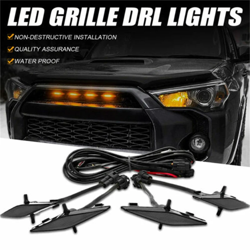 4PCS LED Front Grille Lights White Amber Light External Grille Lamps Daytime running lamps For Toyota 4Runner TRD Pro 2014-2019