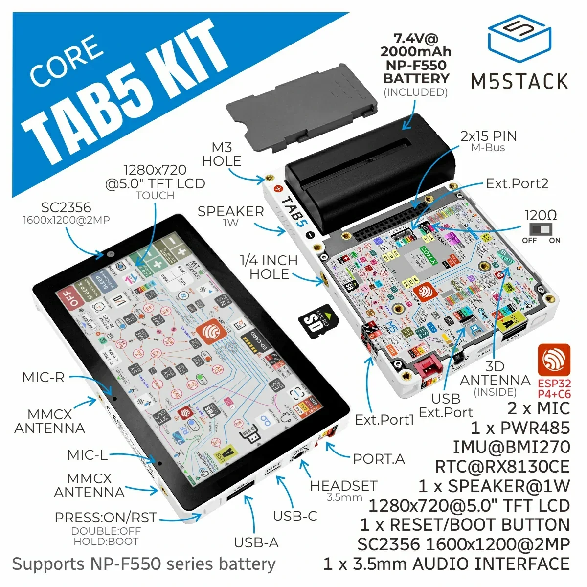 M5Stack Tab5 ESP32 P4 RISC V IoT Controller with WiFi 6 Dual Mic RS485 Interface for Smart Home Pairs with 70-key Keyboard