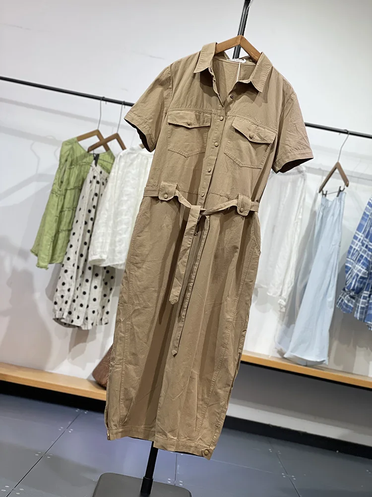 Comfortable Casual Street Sle Commute  Collar f Buttoned Women's Onesie Cotton Wide Leg Pants Midi Length