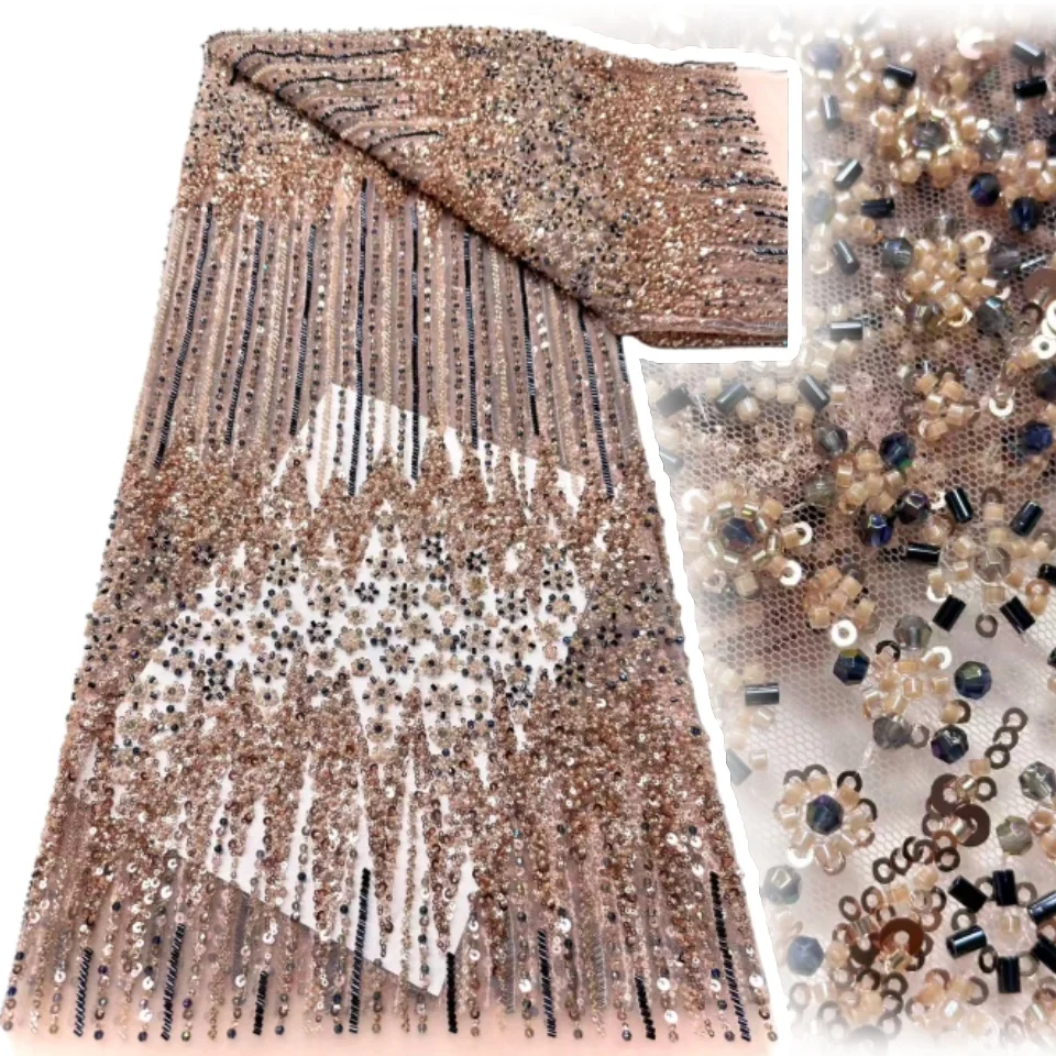 

Elegant Lace Fabric Floral Embroidery Sequins Beads 2025 High Quality Tulle Nigerian Lace Fabric for Wedding Dress Sewing C1706