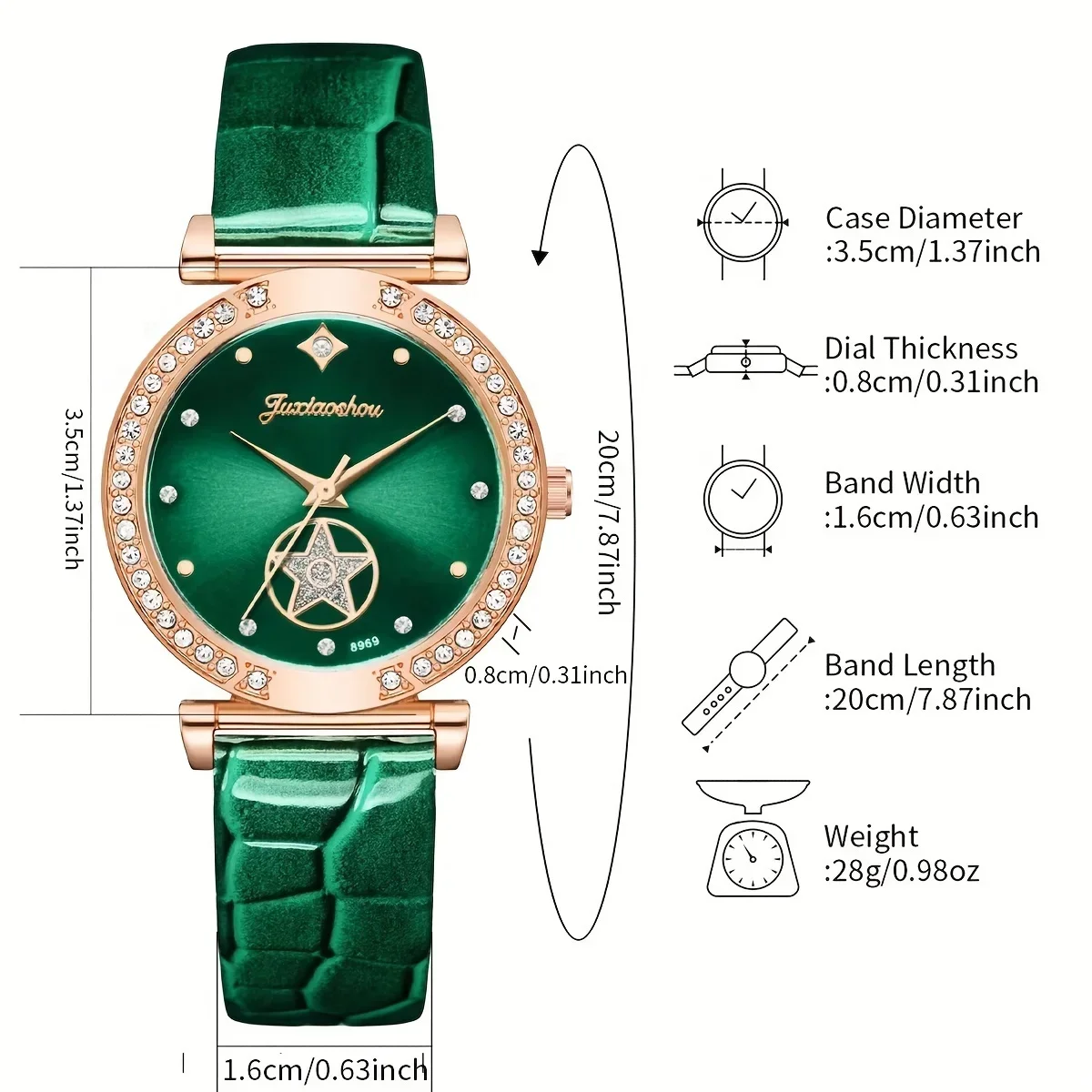 6-piece set of green luxury quartz watches for women, rings, necklaces, earrings, rhinestones, fashionable watches casual ladies