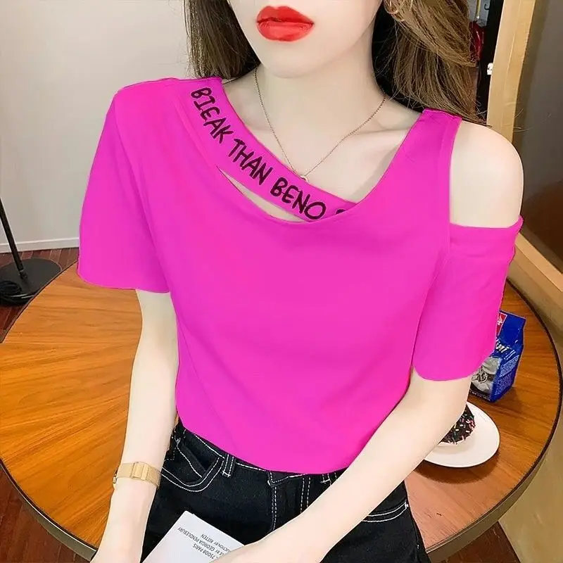 Fashion Skew Collar Spliced Hollow Out Letter Off Shoulder Blouse Female Clothing 2023 Summer New Casual Pullovers Sweet Shirt