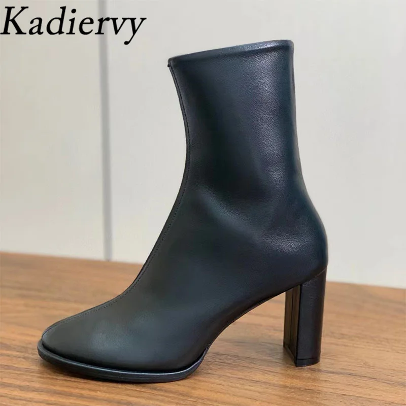 Luxury High Heels Ankle Boots For Women Genuine Leather Round Toe Runway Shoes Woman Chunky Heels Short Boots Woman