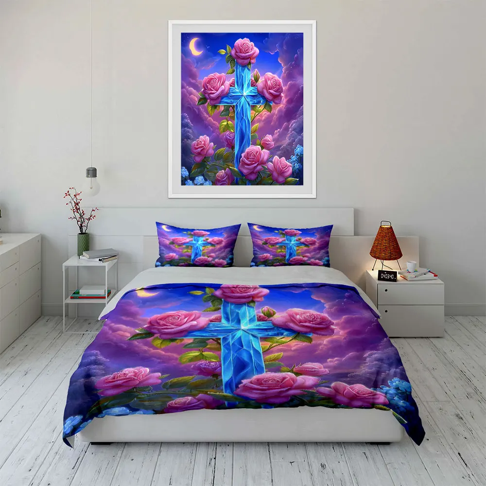 Blue Cross with Pink Roses Print Soft Comfortable Duvet Cover Bedding Set Included 1*Duvet Cover  2*Pillowcases Luxury gifts