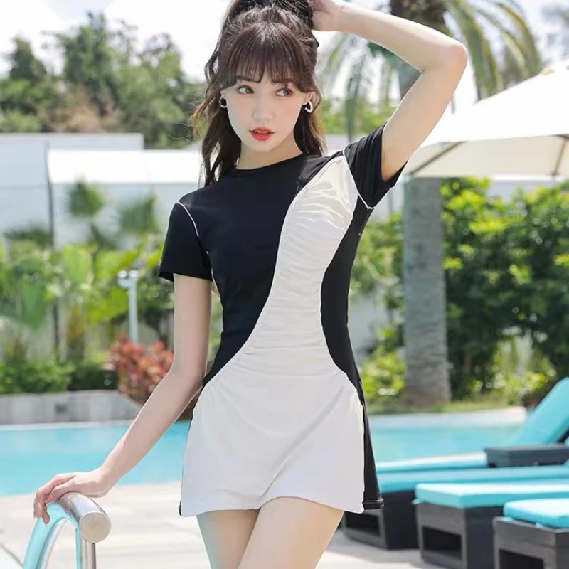 Women Swimsuit 2023 New One-piece Swimming Suit Short Sleeve Skirt Conservative Hot Spring Sports Large Solid Beach Wear