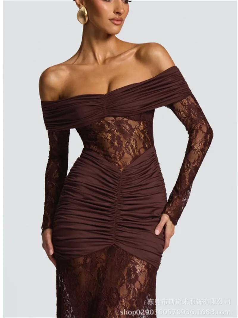 Sexy Lace Mermaid Women Prom Dress Sexy Off Shoulder Full Sleeves Long Party Gown Robe Casual Beach Holiday Formal Evening Gown