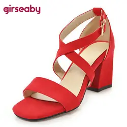 Girseaby 2024 sandali da donna Peep Toe Flock Cover Heels Cross Buckle Strap Daily Big Size 32-43 rosso nero Concise Summer S3721