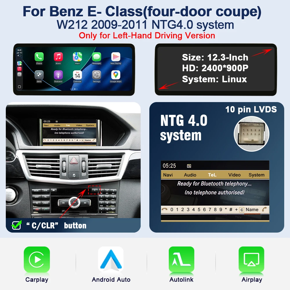 AUTOTOP HD 12.3" touchscreen CarPlay Android Auto voor Mercedes Benz E Klasse W212 E200 E230 E260 E300 S212 multimediaspeler voor auto