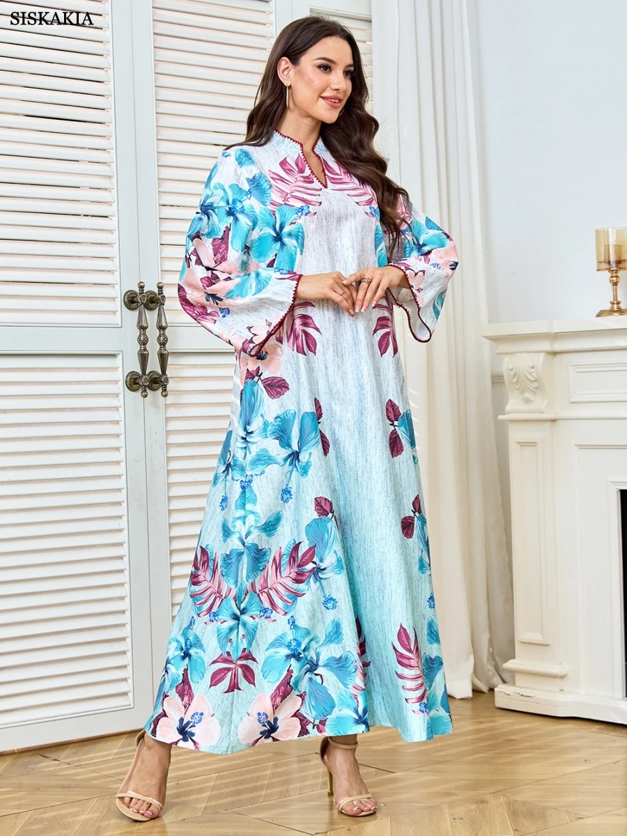 Siskakia Fashion Muslim Elegant Floral Print Abaya Dubai Moroccan Women Clothes 2025