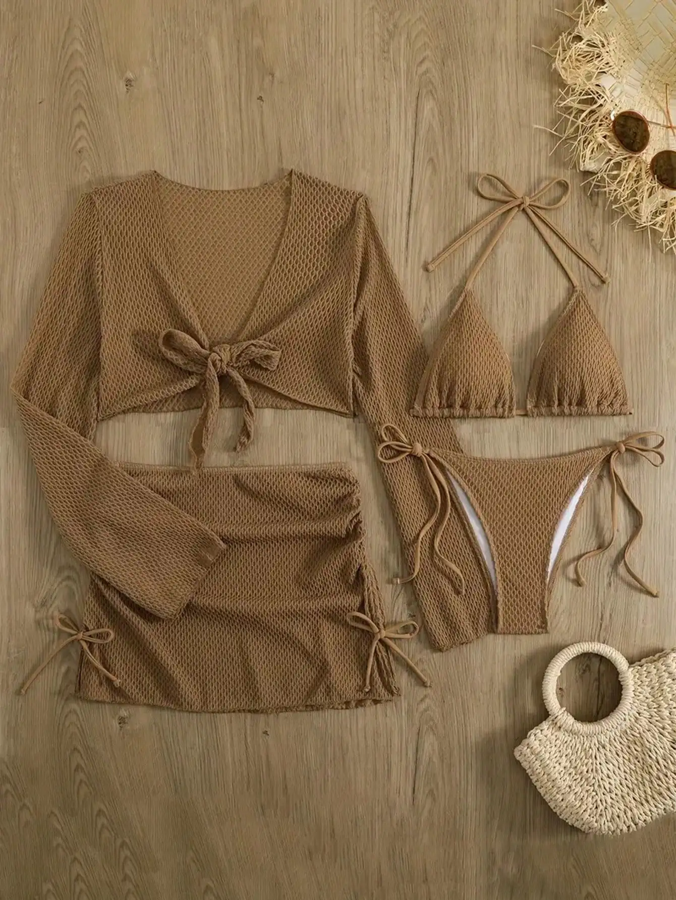 

4-Piece Beige Mesh Bikini Set With Long Sleeve Cover Up For Women Beach Vacation Summer