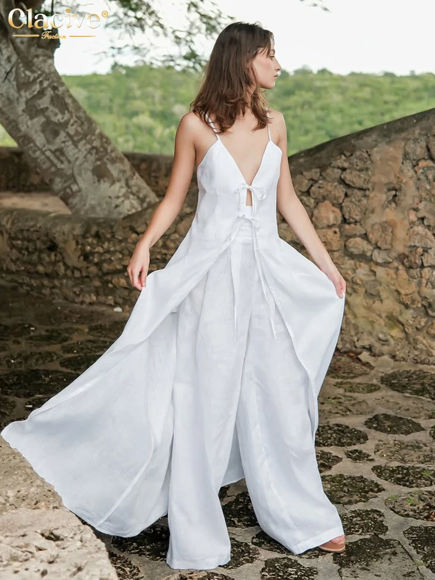 

Clacive Sexy Loose White Cotton 2 Piece Sets Woman Outfit 2025 Summer Sleeveless Tops With High Waist Wide Pants Set Streetwear