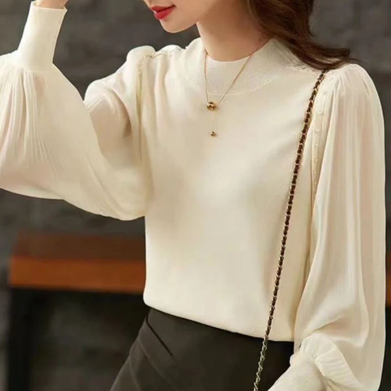 Simplicity office lady Spring autumn new Women\'s Solid O-Neck Gauze Patchwork  fashion lantern sleeve Chiffon shirt Knitted Tops