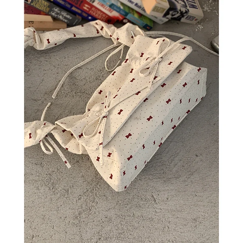 

For Women 2025 New Floral Canvas Shoulder Bag Sweet Bow Pleated Single Shoulder Bags