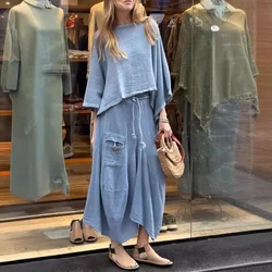 Casual Solid Cotton Linen 2 Piece Sets Women Spring O Neck Top Pullover Belted Irregular Skirt Outfit Fall 3/4 Sleeve Loose Suit