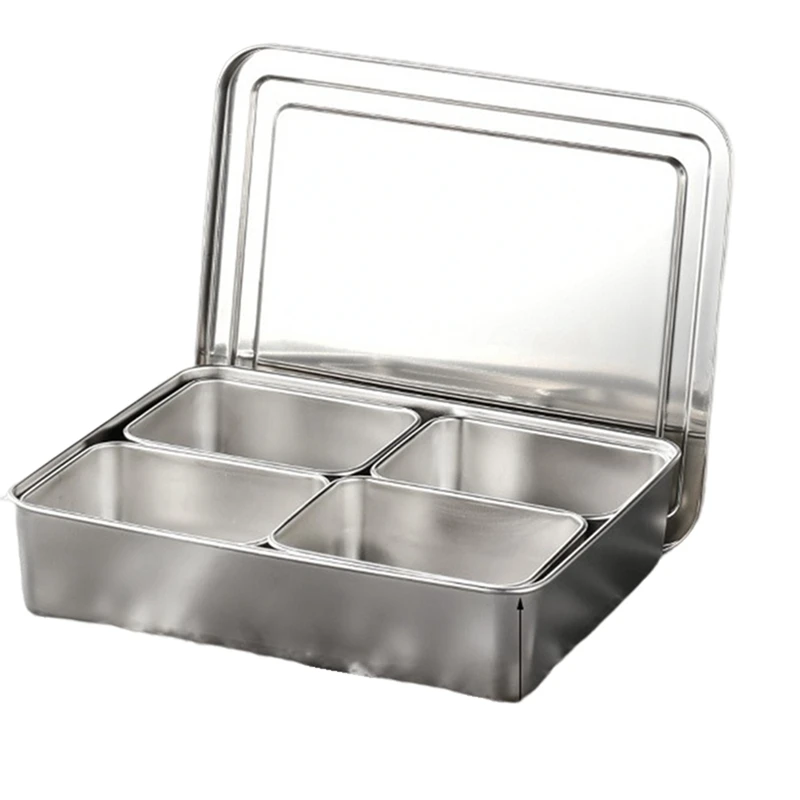 

1 Piece 4 Grids Seasoning Box With Lid Rectangle Hotel Household Spice Organizer Multifunction Kitchen Gadget Silver