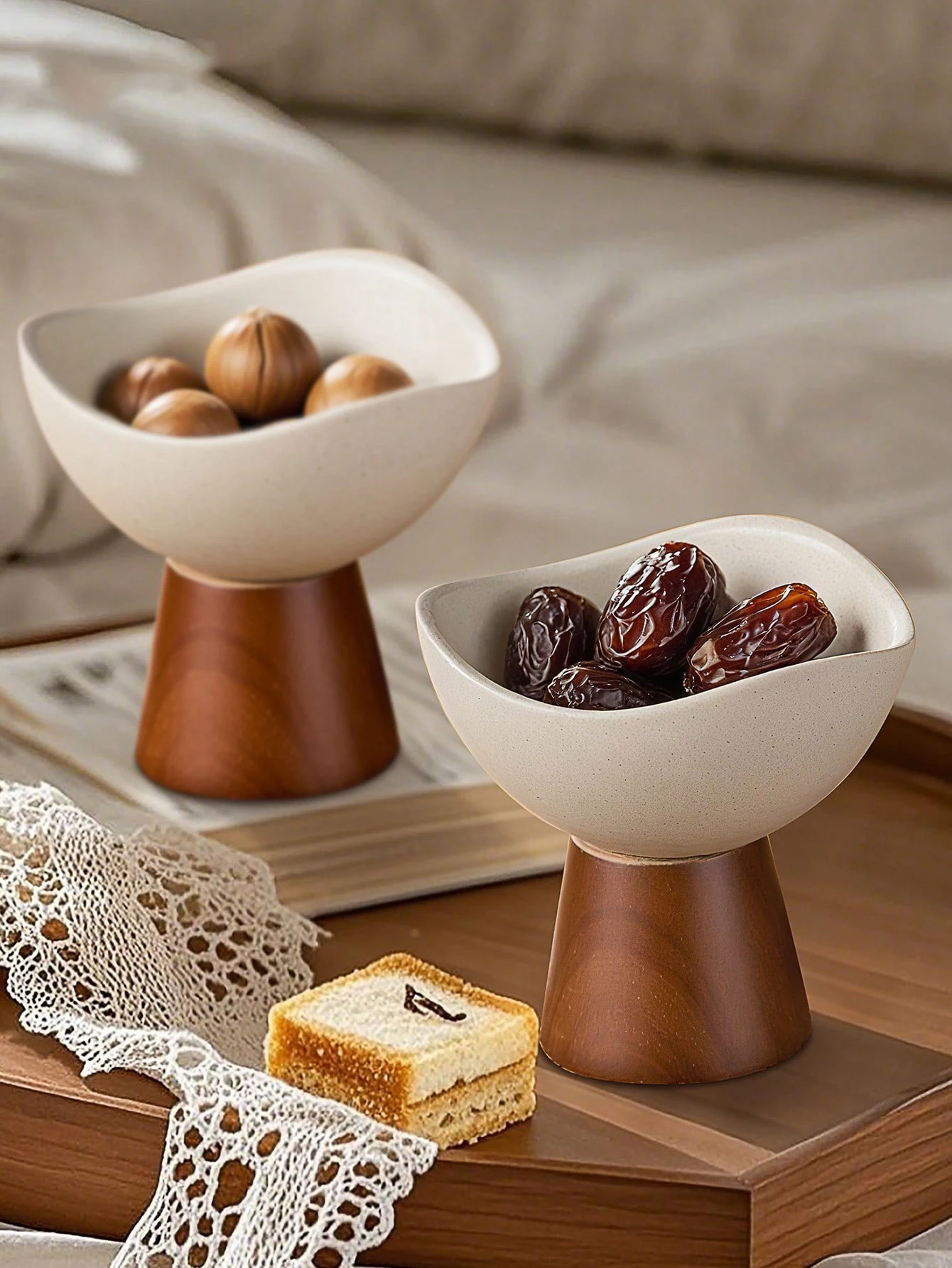 1 Stück Retro-Obstschale mit stabilem Holzsockel, wiederverwendbare Mehrzweck-Dessertschale für den Heim- und Restaurantgebrauch, Behälter für süße Leckereien