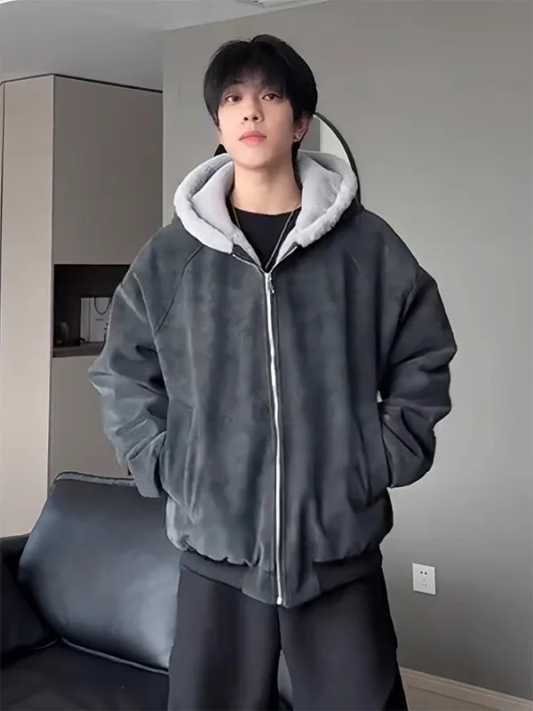 

Мужская утепленная зимняя хлопковая куртка с капюшоном, воротником из овечьей шерсти, теплая молодежная модная верхняя одежда, повседневная, с длинными рукавами, на молнии